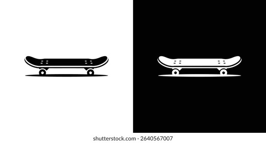 This image features two minimalist skateboard icons, one showing a black skateboard on a white background and the other a white skateboard on black. Simple, clean vector graphics.