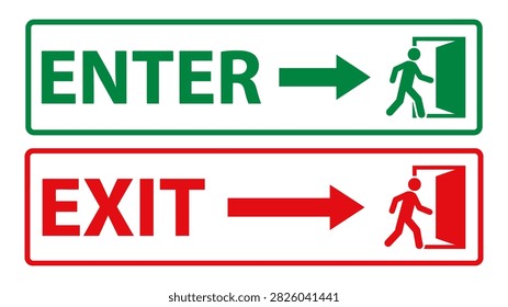 This image features two rectangular signs, one red labeled 'EXIT' and one green labeled 'ENTER', each displaying a pictogram of a person walking through a door.