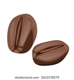 Esta imagem apresenta dois grãos de café torrados, apresentando sua forma oval característica e sulco central. Esses grãos são a base para a fabricação de café, bebida mundialmente popular.