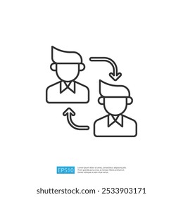 This image features two stylized figures with arrows indicating a connection or exchange between them, symbolizing communication or collaboration.