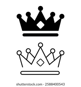 This image features two stylized crown icons, one with a solid black fill and the other a simple outlined black crown.