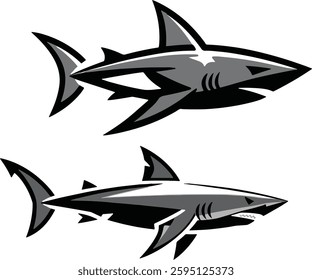 This image features two stylized, dynamic illustrations of sharks. The sharks are depicted in a bold, graphic style with sharp lines and contrasting shades of black, gray, and white.