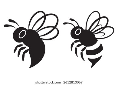 This image features two stylized, cartoon bees in black silhouette against a pure white background.
