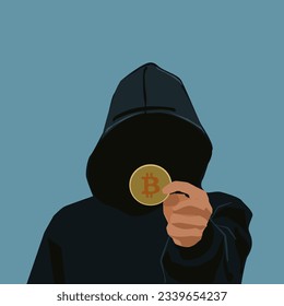 This image features an unidentified individual wearing a hoodie jacket and holding a Bitcoin in their hand. The person's identity remains hidden, creating a mysterious and anonymous impression.