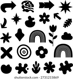 Dieses Bild zeigt eine Vielzahl abstrakter Formen und Symbole, darunter Pfeile, Sterne, Blumen, Regenbögen und andere geometrische Designs. Die Formen sind in Schwarz und Weiß dargestellt, wodurch ein starker Kontrast entsteht, der ihre einzigartigen Formen und Muster hervorhebt.