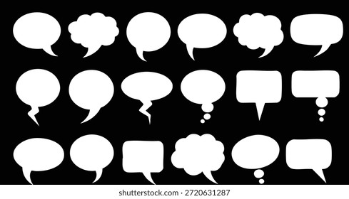 Esta Imagen presenta una variedad de burbujas de pensamiento y habla en blanco y en blanco dispuestas sobre un fondo negro, ofreciendo Elementos gráficos versátiles para diseños e ilustraciones de comunicación