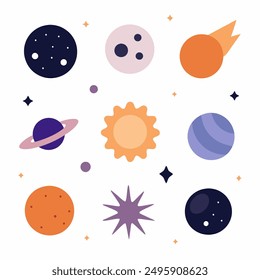 Esta Imagen cuenta con una variedad de cuerpos celestes en un estilo simplificado, similar a la caricatura. Hay planetas, un cometa, una estrella y un sol. La Imagen es perfecta para ilustrar un sistema solar básico o para 