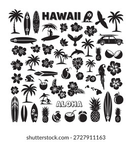 Esta Imagen presenta una variedad de íconos y símbolos hawaianos clásicos, incluyendo palmeras, tablas de surf, piñas, bailarines de hula y flores tropicales. El diseño es en blanco y negro, capturando la esencia de la cultura y estilo de vida hawaiano.