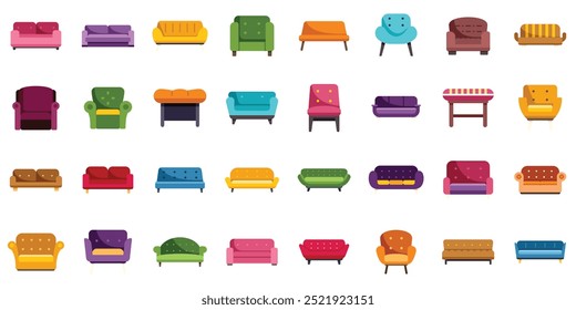 Esta imagem apresenta uma variedade de sofás coloridos e poltronas, perfeitos para ilustrar projetos de design de interiores ou catálogos de móveis