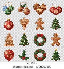Esta Imagen presenta una variedad de adornos de Navidades festivas, que incluyen adornos, hombres de jengibre, árboles de Navidad y coronas. Los adornos son de colores vibrantes y detallados, capturando la esencia de la alegría navideña. Cada artículo está intrincadamente diseñado, lo que hace que la colección sea perfecta para decorar un árbol de Navidad o realzar las decoraciones navideñas.
