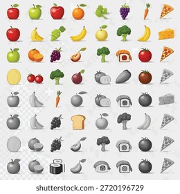 Esta imagem apresenta uma variedade de emojis de alimentos, tanto em cores vibrantes e versões monocromáticas. Inclui uma seleção diversificada de frutas, legumes e outros itens alimentares, organizados em um padrão de grade. Os emojis coloridos são brilhantes e visualmente atraentes, enquanto os monocromáticos oferecem uma aparência mais minimalista.