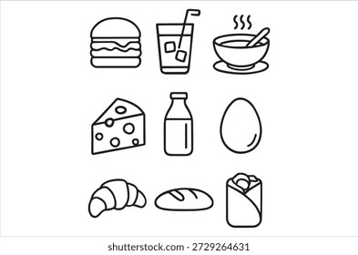 Esta Imagen presenta una variedad de íconos de comida, bellamente delineados, que representan diferentes delicias culinarias y opciones de comida.