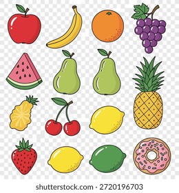 This image features a variety of fresh fruits illustrated in a colorful and vibrant style. The fruits include an apple, banana, orange, grapes, watermelon, pear, pineapple, ginger, cherries, lemon, strawberry, and kiwi. Each fruit is depicted with bright colors and detailed textures, making the image visually appealing and appetizing.