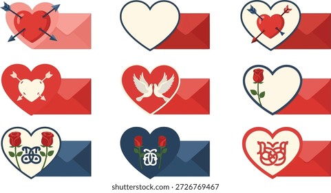 Esta Imagen cuenta con una variedad de pegatinas en forma de corazón en sobres y fondos de colores. Las pegatinas vienen en diferentes diseños y colores, incluyendo rojo, rosa, azul y blanco. Algunos de los corazones están perforados con flechas, mientras que otros presentan rosas, pájaros u otros Elementos decorativos. La Imagen parece ser una ilustración digital, probablemente utilizada con fines decorativos o de diseño, como la creación de tarjetas de San Valentín o tarjetas de felicitación.