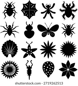 Esta Imagen presenta una variedad de siluetas de insectos, incluidas arañas, mariposas, escarabajos y otros insectos. Cada silueta está representada en blanco y negro, creando un contraste llamativo. La colección muestra diferentes Formas y tamaños de insectos, destacando sus formas y patrones únicos.