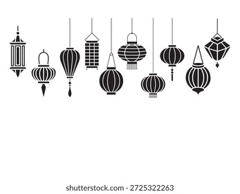 Esta imagem apresenta uma variedade de lanternas suspensas intrincadamente projetadas. As lanternas vêm em diferentes formas e tamanhos, incluindo formas esféricas, cilíndricas e de diamante. Cada lanterna é representada em um estilo monocromático, enfatizando seus padrões e estruturas únicos. As lanternas são suspensas por cordas, criando um arranjo visualmente atraente contra um fundo plano.