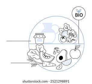 This image features a variety of organic foods and ingredients, including fruits, vegetables, and a jar, surrounded by a BIO label. Ideal for promoting organic produce, healthy eating, nutrition