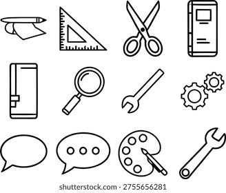 This image features a variety of school and office supplies depicted in a clean, black-and-white line art style. The items include a pencil, ruler, scissors, notebook, smartphone, magnifying glass, wrench, gear, speech bubbles, paint palette, and paintbrush, representing tools for learning, communication, and creativity.