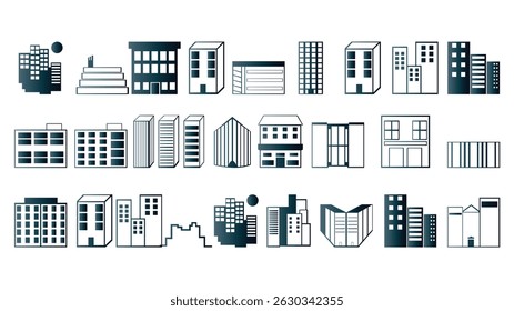 This image features a variety of simple, graphic building icons, representing diverse architectural styles and types.