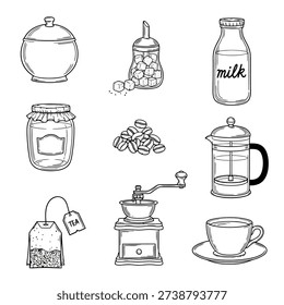 This image features a variety of sketched coffee and tea items, including pots, grinders, and containers.