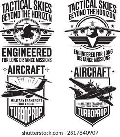 This image features various aircraft illustrations with bold typography and design elements emphasizing tactical missions and turboprop capabilities in a monochromatic style