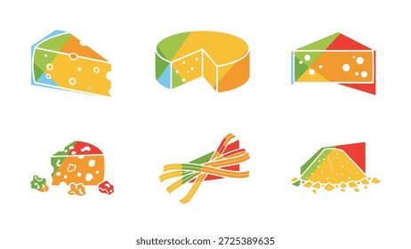 This image features various cheese pieces in a colorful flat design, presented against a white backdrop. The composition showcases different cheese forms, employing bright hues and geometric shapes. It could be suitable for food-related projects, culinary designs, or illustrative purposes.
