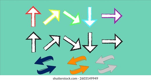 This image features various colored arrows pointing in different directions, arranged in three rows against a teal background.