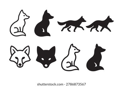 This image features various fox silhouettes and line art depictions on a white background, showcasing different poses and views.