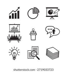 Esta Imagen presenta varios íconos que representan diferentes aspectos de los negocios y la estrategia. Incluye símbolos para el crecimiento, análisis de datos, presentaciones, reuniones, ideas e investigación.