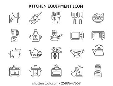 This image features various kitchen equipment icons in a simple line style. It includes tools such as knives, spoons, forks, blenders, pots, kettles, microwaves, stoves, and graters.