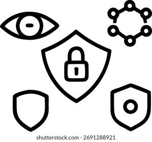 This image features various security icons, including shields, an eye, and a lock, symbolizing protection and cybersecurity in a digital environment.