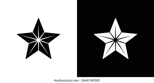 Esta imagem apresenta um gráfico vetorial de uma estrela, ambos em preto sobre um fundo branco e branco sobre um preto. Dentro da estrela, as linhas se estendem do centro para cada ponto.