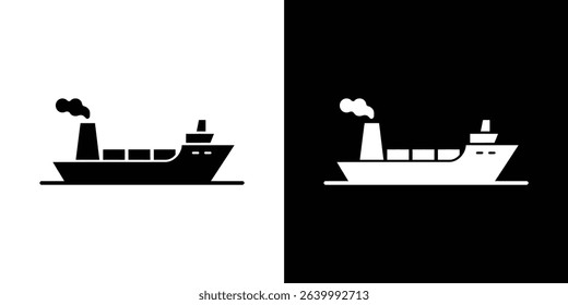 This image features a vector illustration of a container ship silhouette with smoking funnel. The ship is depicted in both black on white and white on black backgrounds.
