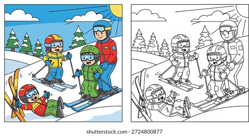 Dieses Bild zeigt eine Vektorgrafik einer Winterszene, in der Kinder Skifahren lernen. Es enthält sowohl eine vollständig farbige Version als auch eine schwarz-weiße Kontur, sodass es perfekt zum Färben von Büchern oder Lehrmaterial geeignet ist. Ich habe die Tags optimiert, um sowohl das Thema (Skifahren, Winter) und den technischen Stil (Umriss, Malvorlage).