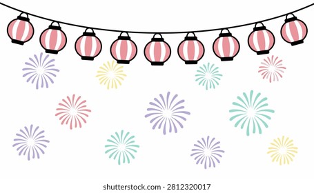 This image features a vector illustration of striped paper lanterns strung together and colorful starbursts against a white background. The lanterns have a pink and