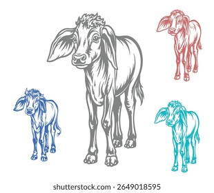 This image features vector illustrations of a calf in gray, blue, red, and teal colors, showcasing animal art.