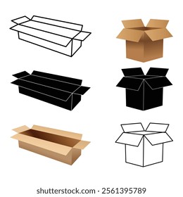 This image features a versatile set of 9 box icons, showcasing both open and closed cardboard boxes in various styles. The collection includes color, black and white, and outline designs, 