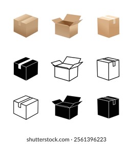 This image features a versatile set of 9 box icons, showcasing both open and closed cardboard boxes in various styles. The collection includes color, black and white, and outline designs, 