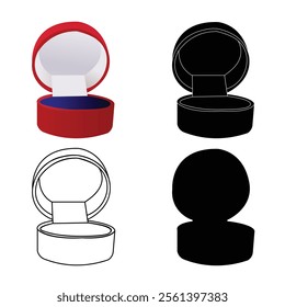 This image features a versatile set of jewelry box illustrations in four distinct styles: a detailed color version, a black silhouette, a white outline, and a solid black shape. Perfect for graphic