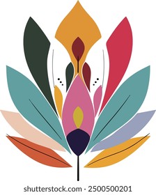 This image features a vibrant abstract floral design with overlapping petals in various colors, including yellow, pink, red, teal, and orange. 