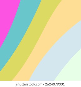 This image features a vibrant, abstract design composed of smoothly curved, diagonal bands that stretch from the top-left to the bottom-right. The color palette moves from warm to cool tones in a harm