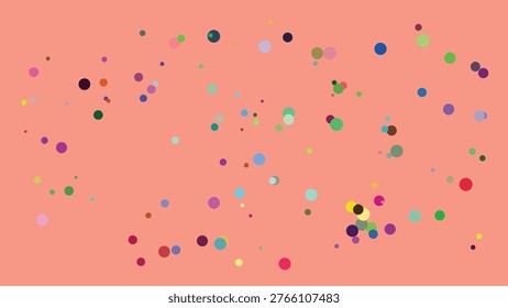 This image features a vibrant abstract composition with numerous multicolored circles scattered across a peach-colored background. The circles vary in size and hue, creating a lively and dynamic.