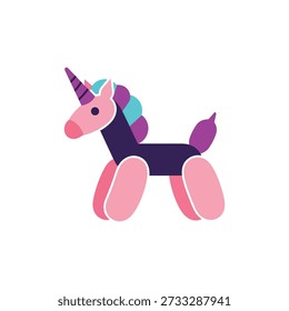 Dieses Bild zeigt ein lebendiges Cartoon-Einhorn-Spielzeug mit einem violetten Horn, rosafarbenem Körper und mehrfarbiger Mähne auf weißem Hintergrund. Mit bunt, skurril, verspielt, kind