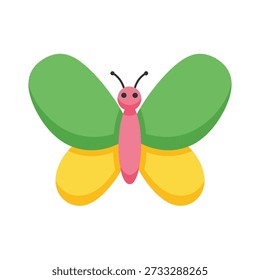 Esta Imagen presenta una mariposa de dibujos animados vibrante con alas verdes y amarillas y un cuerpo rosa sobre un fondo blanco. Con insectos coloridos, alas verdes, estilo de dibujos animados