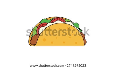 This image features a vibrant cartoon taco with various toppings, set against a clean white background. The taco is depicted in a playful and appetizing style, with a crispy yellow shell filled with brown ground beef, crunchy lettuce, juicy tomatoes, and creamy white sauce. The colorful illustration is sure to evoke feelings of hunger and craving, making it perfect for use in advertising, marketing, or editorial content related to food, cuisine, and culture.