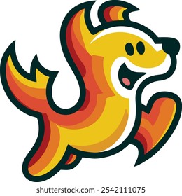 This image features a vibrant, cartoon-style mascot that resembles a playful, stylized dog or sea creature with a fish-like tail. The character is yellow with orange and red gradients, giving it a fie