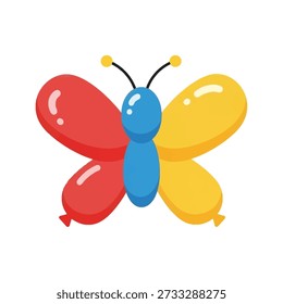 Esta Imagen presenta una mariposa vibrante de estilo de dibujos animados con alas rojas y amarillas brillantes, un cuerpo azul central y dos antenas con puntas amarillas, sobre un fondo blanco y limpio para una estética juguetona y minimalista