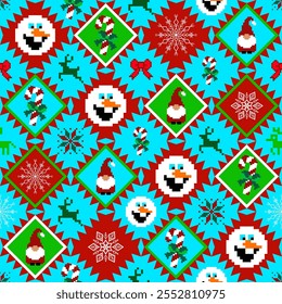 Esta imagem apresenta um padrão de arte em pixels com tema de Natal vibrante com bonecos de neve, gnomos, renas, bengalas doces, flocos de neve e formas de estelar vermelha em um fundo azul. Padrão vetorial para o Natal 