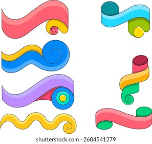 This image features a vibrant collection of colorful curved ribbon banners in various abstract swirl and wave styles