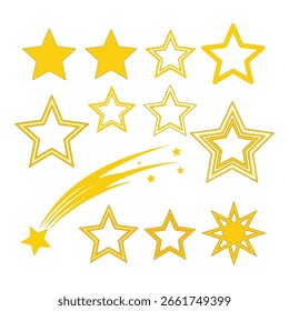 Esta Imagen presenta una colección vibrante de estrellas amarillas en varios estilos, incluidas estrellas sólidas, estrellas delineadas y una s dinámica